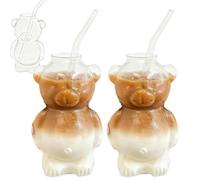 Vaso de vidrio de oso, apto para microondas, vaso de vidrio de oso de borosilicato alto con popote para café, batido, cerveza y cóctel (2 unidades)