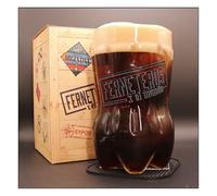 Vaso de Vidrio para Fernet con Forma de Botella Cortada en Caja Decorativa - Capacidad 700cc - Incluye Posavasos