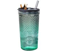 Vaso de vidrio, taza de café helado con pajita y tapa, 20 oz, transparente, hermético, con tapa adornada con tiara, vaso vintage de vidrio para café, bebidas frías/calientes, degradado verde..