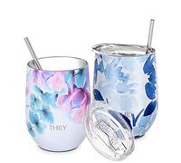 Vaso de vino sin tallo con aislamiento al vacío, vaso de vino de acero inoxidable de 12 onzas con tapa y pajita, regalo de cumpleaños de Navidad, paquete de 2 lirios (rosa + arce azul)