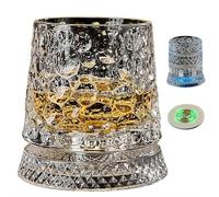 Vaso de whisky giratorio de 360 grados, vidrio giratorio de cristal antiguo con luces LED y base, cristalería de corte de cristal con función de alivio del estrés para bar, hogar y regalo (estilo F)
