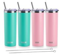 Vaso delgado de acero inoxidable Koodee de 20 oz (paquete de 4), vaso de agua con aislamiento de doble pared, tapas, pajitas y cepillo para pajit