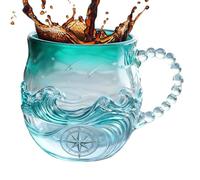 Vaso ondulado de marino: taza de vidrio soplado a mano de 14 oz, taza de bebida para los amantes del mar para zumo, leche, café o té | Ideal para el hogar, oficina, cocina, profesores