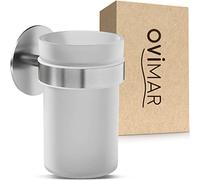 Vaso ovimar para cepillos de dientes Keldsnor | Plata | sin agujeros | de cristal y acero inoxidable para baño | Vaso y soporte para cepillos de dientes extraíbles | Se fija a la pared