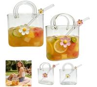 Vaso para beber con dije de flores, taza de vidrio multifuncional con pajita, jarrones decorativos para bolso, bonita taza de café helado para jugo, té helado, flores, decoración de oficina, hogar
