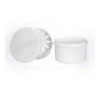 Vaso para dentaduras postizas con colador y tapa de rosca, ideal para prótesis, aparatos ortopédicos y protector bucal, almacenamiento higiénico, color blanco (1 unidad)