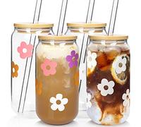 Vaso para latas de cerveza con tapas y pajita, tazas de vidrio con forma de lata, tazas de vidrio de 20 onzas, vasos para beber, vasos de vaso reutilizables para beber,Juego de 4