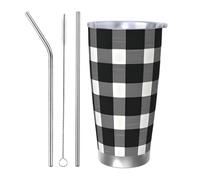Vaso térmico a cuadros de búfalo negro y blanco con 2 popotes y tapa, soporte térmico para automóvil, diseño vintage de rejilla vintage, vaso aislado de acero inoxidable al vacío para bebidas frías y
