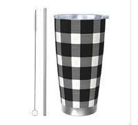 Vaso térmico a cuadros de búfalo negro y blanco con popote y tapa, soporte térmico para coche, rejilla vintage, vaso aislado de acero inoxidable, taza de café de viaje para bebidas frías y calientes