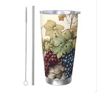 Vaso térmico con popote y tapa, diseño vintage de uva, para coche, pintura al óleo, vaso aislado de acero inoxidable, taza de café de viaje para bebidas frías y calientes