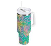 Vaso térmico de 40 onzas con tapa y popote, diseño de palmera tropical, hojas rosas y doradas, botellas de agua, boca ancha, taza térmica de viaje para hombre y mujer
