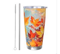 Vaso térmico de agua de hoja de arce con popote y tapa, soporte térmico para automóvil, hojas de otoño, vaso aislado de acero inoxidable, taza de café de viaje para bebidas frías y calientes