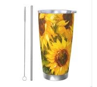 Vaso térmico de girasol de acuarela con popote y tapa, soporte térmico para automóvil, diseño de flores de Sprint de 20 onzas, vaso aislado de acero inoxidable al vacío para bebidas frías y calientes