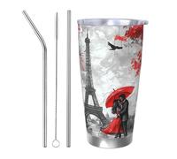 Vaso térmico de pintura al óleo con 2 popotes y tapa, soporte térmico para coche, torre Eiffel de París, vaso aislado de acero inoxidable de 590 ml, taza de café de viaje para bebidas frías y