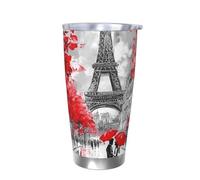 Vaso térmico de pintura al óleo de la Torre Eiffel con tapa, soporte térmico para coche, estilo vintage, de París, vaso aislado de acero inoxidable, taza de café de viaje para bebidas frías y