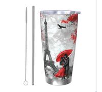 Vaso térmico de pintura al óleo para parejas con popote y tapa, soporte térmico para coche, torre Eiffel de París, vaso aislado de acero inoxidable, taza de café de viaje para bebidas frías y