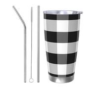 Vaso térmico de rejilla negra y blanca con 2 popotes y tapa, soporte térmico para automóvil, diseño a cuadros, vaso aislado de acero inoxidable, taza de café de viaje para bebidas frías y calientes
