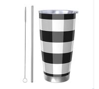 Vaso térmico de rejilla negra y blanca con popote y tapa, soporte térmico para automóvil, diseño a cuadros, 591 ml, vaso aislado de acero inoxidable, taza de café de viaje para bebidas frías y
