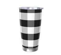 Vaso térmico de rejilla negra y blanca con tapa, soporte térmico para coche, diseño a cuadros, 591 ml, vaso aislado de acero inoxidable, taza de café de viaje para bebidas frías y calientes