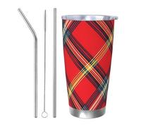 Vaso térmico de tartán rojo con 2 popotes y tapa, soporte térmico para automóvil, diseño vintage de rejilla de 590 ml, vaso aislado de acero inoxidable al vacío para bebidas frías y calientes