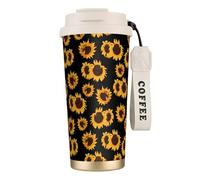 Vasos de café de acero inoxidable con aislamiento al vacío, taza de viaje de doble pared, 18 onzas, estampado de girasoles dorados