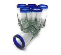 Vasos de chupito de tequila mexicano soplados a mano, juego de 6 vasos de chupito de tequila con borde azul cobalto (2 onzas cada uno)