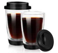 Vasos de Doble Pared, 2 Piezas 360 Ml Tazas de Café de Cristal, Tazas de Cristal con Tapa de Silicona, Borosilicato Vasos de Café de Doble Pared, Vaso Doble Pared para Té, Café, Capuchino, Cerveza
