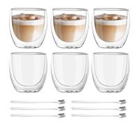 Vasos de Doble Pared para Café, Capuchino y Latte Macchiato - 6 Piezas Tazas de Cristal Borosilicato 80ml Con Cucharillas