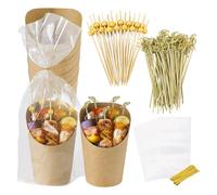 Vasos De Papel Para Papas Fritas - 50 Piezas De Soportes Desechables Para Papas Fritas | Vasos Para Charcutería Con Palitos Y Bolsas, 50 Vasos + 50 Bolsas + 200 Palillos, Vaso De Papel Biselado