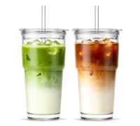 Vasos de vidrio transparente de 20 onzas con tapas y popotes de vidrio, juego de 2