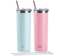 Vasos delgados Koodee de acero inoxidable de 20 oz (paquete de 2), vaso de agua con aislamiento de doble pared, tapa y pajita, vaso de viaje delg
