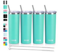 Vasos delgados Koodee de acero inoxidable de 20 oz (paquete de 4). Vaso de agua con aislamiento de doble pared, tapas, pajitas y cepillos (paquet