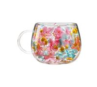 Vasos Doble Pared Vidrio | Vasos de Vidrio con Pétalos de Colores de 250 ml - Tazas de café de vidrio aisladas con asa y flores secas - para Casa Oficina Bar y Té Frío con Hielo y Agua Caliente