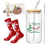 Vasos Navidad Cristal con Tapa y Pajita, 6 Piezas Vasos de Navidad de 500 Ml con Cepillo de Limpieza, Tarjeta de Felicitación, Calcetín Navideño, Se Pueden Usar Como Beber, Jugo