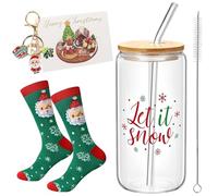 Vasos Navidad Cristal con Tapa y Pajita, 6 Piezas Vasos de Navidad de 500 Ml con Cepillo de Limpieza, Tarjeta de Felicitación, Calcetín Navideño, Se Pueden Usar Como Beber, Jugo