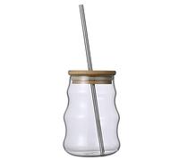 Vasos para Beber, Cristalería Acanalada, Vasos para Beber con Tapa de Bambú Y Pajita de Vidrio, Vasos de Vidrio Ipple, Tazas de Café Helado, Vasos para Bebidas con Forma de Onda para Whisky,(#2)