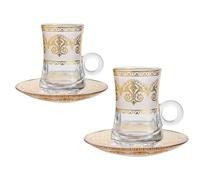 Vasos y platillos de té turco, tazas de café expreso con patrón dorado en relieve, juego de tazas de té para beber de cristalería, taza de vidrio de 120 ml con asa (gold B, 2pcs)
