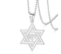 VASSAGO Collar de estrella de David para mujer, collar de estrella judía con menorá, collar de acero inoxidable con colgante de Hanukkah para hombres, joyería religiosa de Israel, Acero inoxidable