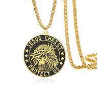 VASSAGO Collar de Jesucristo de acero inoxidable con colgante de medallón de moneda, amuleto de oración cristiana, regalo para hombres y mujeres, Adjustable, Acero inoxidable, No es una piedra