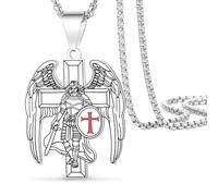 VASSAGO Collar de San Miguel para hombres y mujeres, de acero inoxidable, colgante de arcángel de San Miguel, escudo de cruz templaria, protección de espada, amuleto, medalla católica, joyería