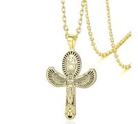 VASSAGO Collar egipcio Ankh para hombre y mujer de acero inoxidable con colgante alado de la diosa Isis el Ojo de Horus y un escarabajo amuleto protector (Oro)