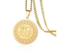 VASSAGO Collar islámico musulmán de Alá para hombres y mujeres, collar con colgante religioso de forma redonda, collar musulmán Ayatul Kursi, collar musulmán islam, regalo de joyería árabe, Acero