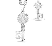 VASSAGO Collar Medalla St Benedict Acero inoxidable Collar con cruz Medalla de San Benito católica Demon Exorcism Colgante Protección amuleto joyería para hombres mujeres (Plata 1)