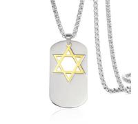 VASSAGO Estrella de David collar para hombres 2 color judío estrella escudos colgante Acero inoxidable hexagrama perro etiqueta religiosa amuleto (Estrella de David de oro sobre cuadrado de plata)