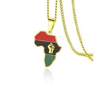 VASSAGO Fist Power in Pan - Collar africano para mujer, de acero inoxidable, con colgante de mapa de África, mapa de África, continente, hiphop, regalo para hombres, Acero inoxidable
