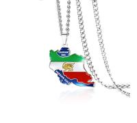 VASSAGO Irán Mapa Collar Persia Irán León Y El Sol Corona/Faravahar/Derafsh Kaviani Colgante Persa Bandera Iraní Collar De La Joyería Regalos Para Mujeres Hombres (Plata 1)