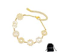 VASSAGO Pulsera de chakras para mujer de acero inoxidable con 7 colgantes de chakra para yoga reiki y curación joya ajustable con geometría sagrada para mujeres amigas y hermanas (oro 1)