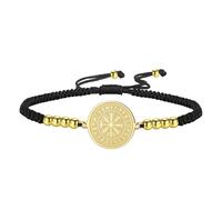 VASSAGO Pulsera Viking Compass para hombre y mujer: pulsera protectora ajustable de cordón trenzado de acero inoxidable con amuleto rúnico nórdico Vegvisir (Cadena tipo caja dorada)
