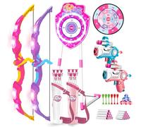 VATOS Juego de 2 juguetes de tiro con arco y flechas LED para niños de 5 a 12 años, arco luminoso y objetivo de ventosa de sirena, diana de 73 cm, juguete interior y exterior, regalo para niñas y