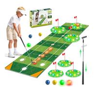 VATOS Juego de juguetes de golf para niños, juego de golf iluminado con alfombrilla de putting de 2 m, putter de golf, 3 agujeros, 4 bolas (2 bolas brillantes), juego familiar para interiores y